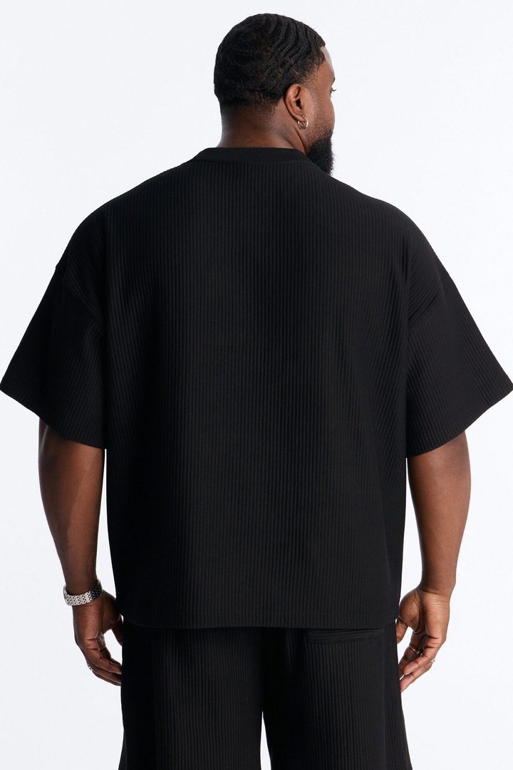 Textured Oversized Short Sleeve Fleece Tee - Black