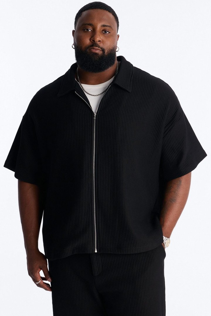 Textured Oversized Fleece Zip Up Shirt - Black