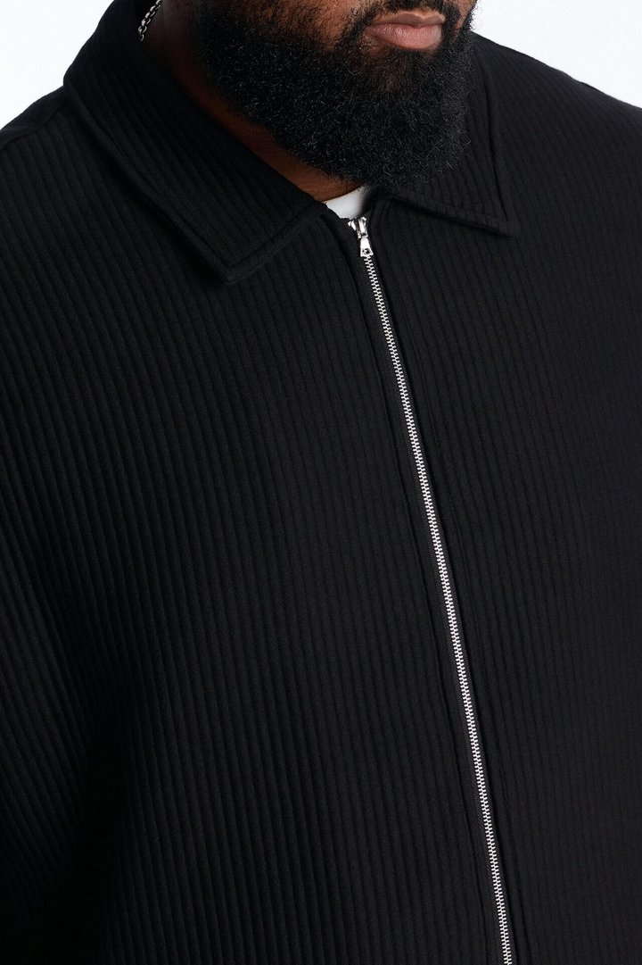 Textured Oversized Fleece Zip Up Shirt - Black