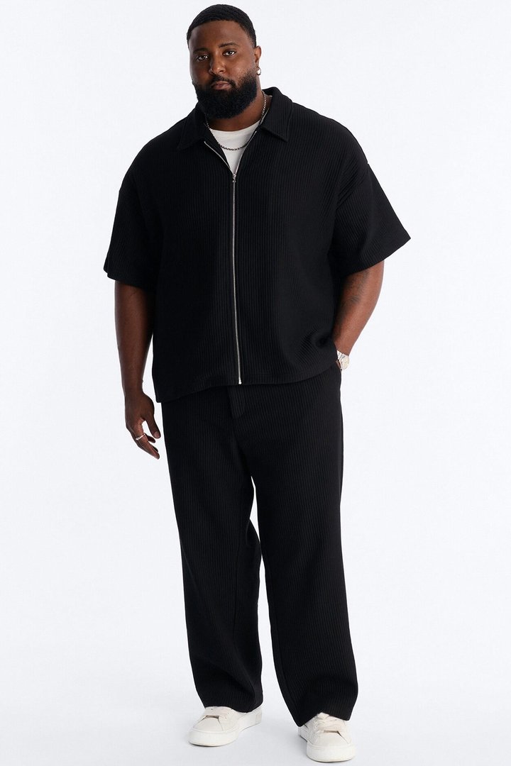 Textured Fleece Straight Leg Pant - Black