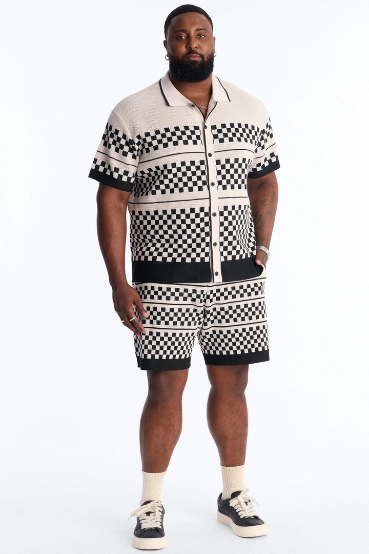 Knitted Pawn Checker Button Up Shirt - Black/combo