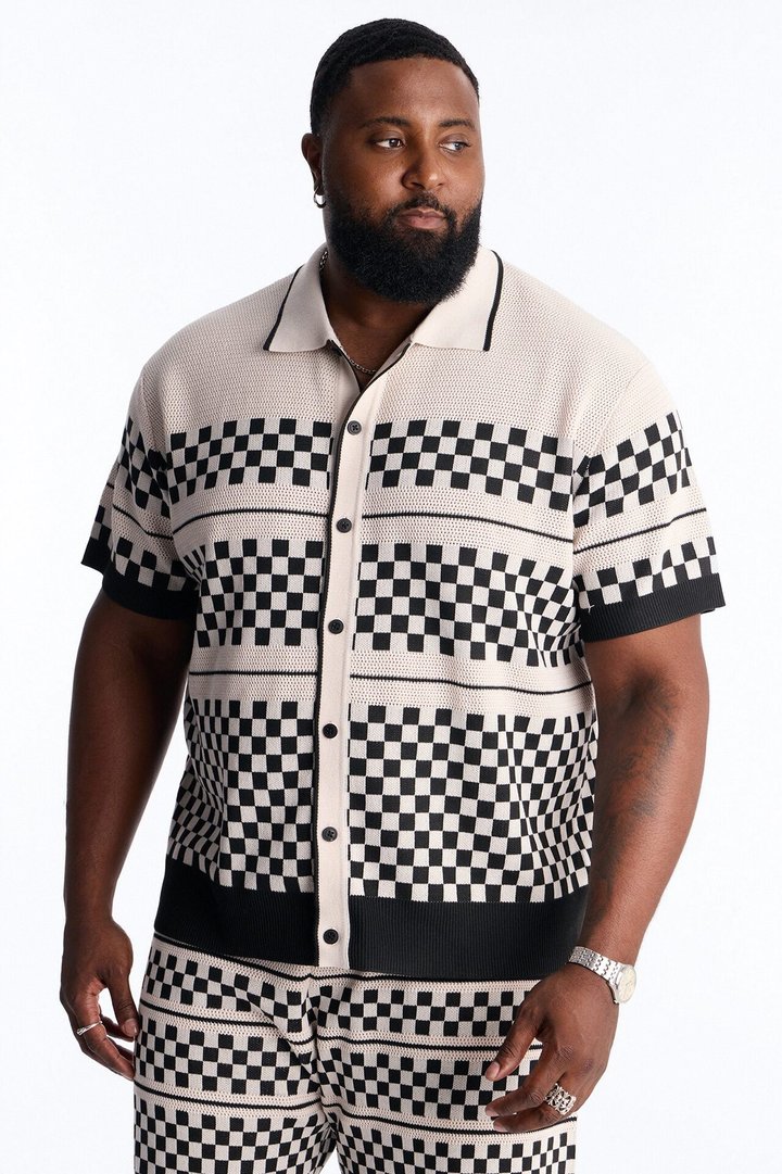 Knitted Pawn Checker Button Up Shirt - Black/combo