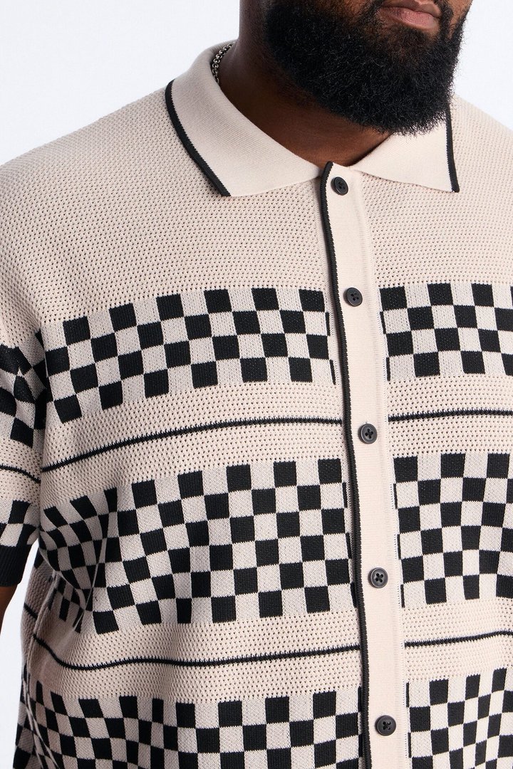 Knitted Pawn Checker Button Up Shirt - Black/combo
