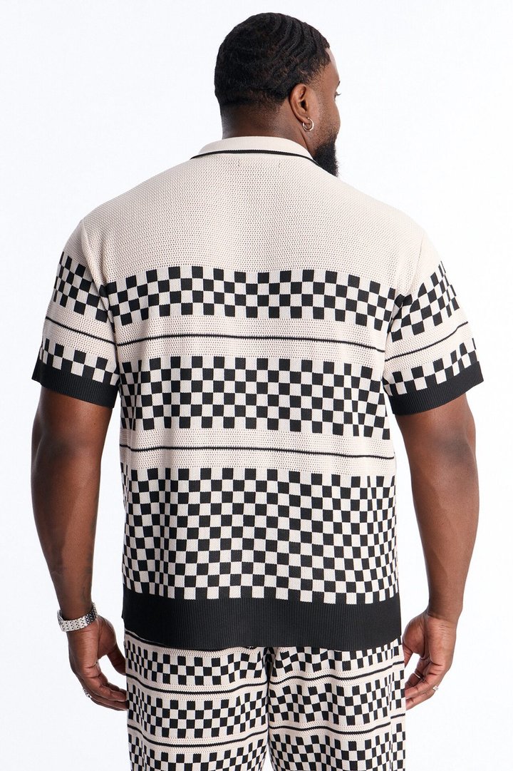 Knitted Pawn Checker Button Up Shirt - Black/combo