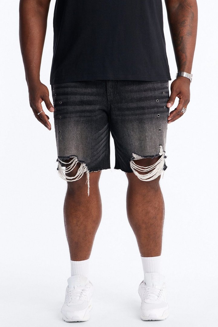 Relaxed Looking Out Distressed Grommet Denim Short - Black Wash