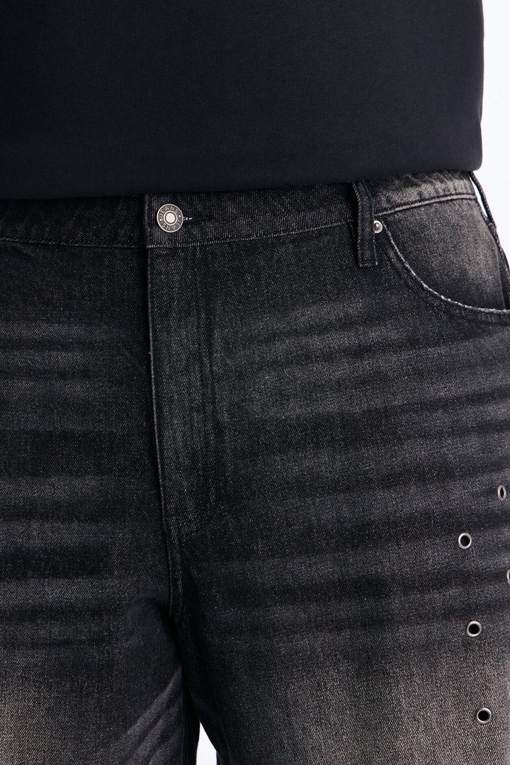 Relaxed Looking Out Distressed Grommet Denim Short - Black Wash