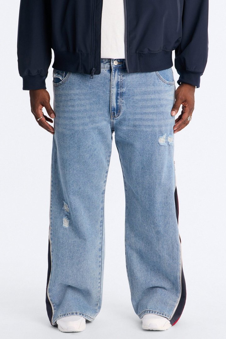 Straight Off Track Terry Zip Jean - Light Wash