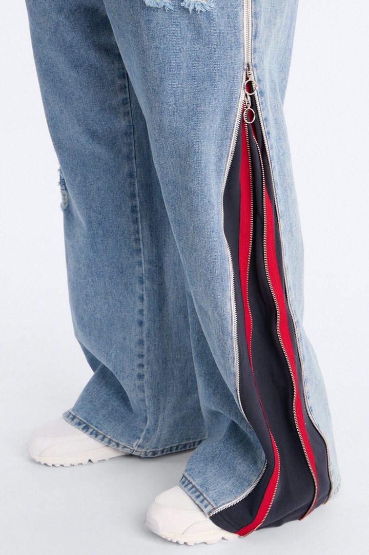 Straight Off Track Terry Zip Jean - Light Wash