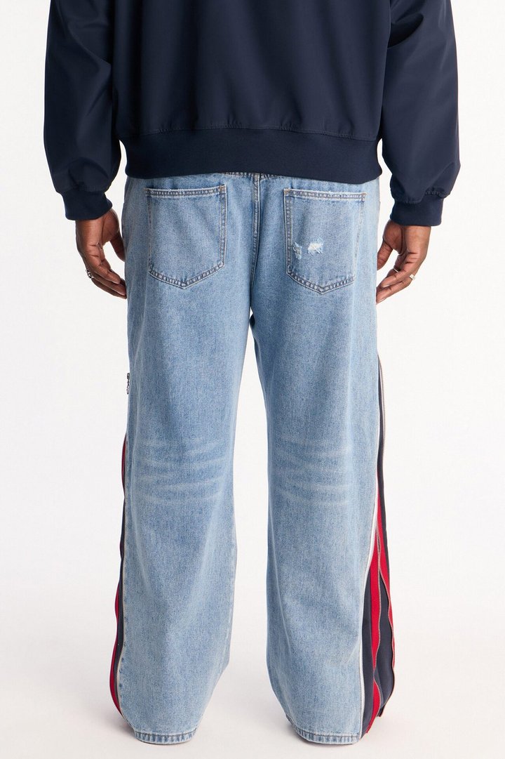 Straight Off Track Terry Zip Jean - Light Wash