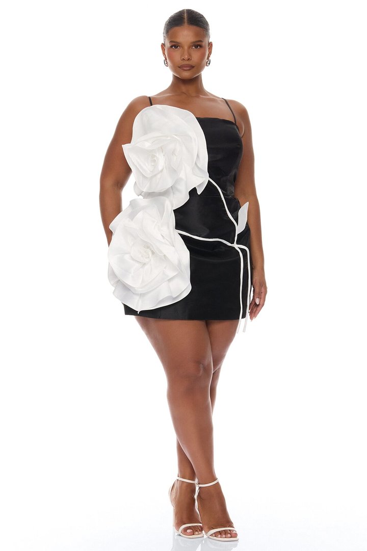 Gianna Floral Applique Mini Dress - Black/White