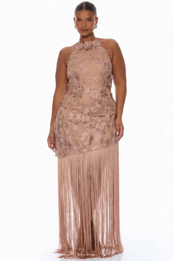 Nicole Embroidered Fringe Maxi Dress - Mocha