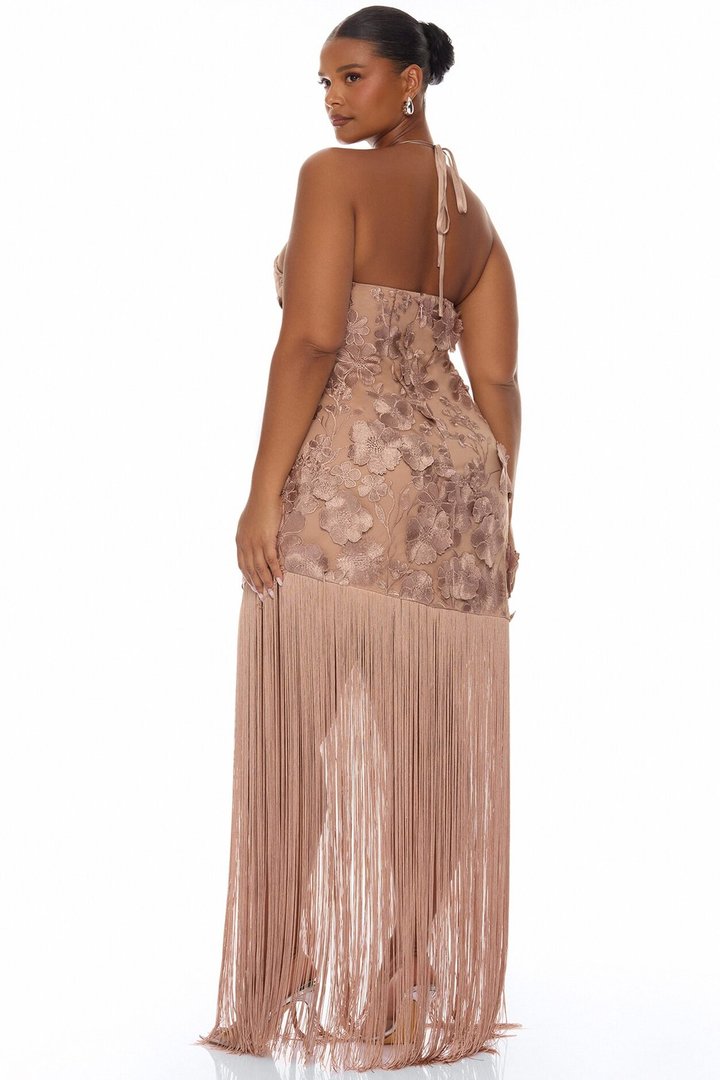 Nicole Embroidered Fringe Maxi Dress - Mocha