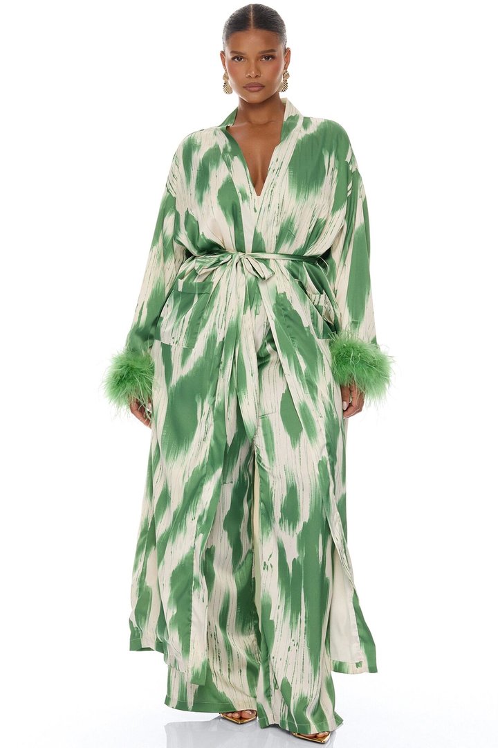 Freya Feathered Satin Kimono Pant 2 Piece Set - Green/combo