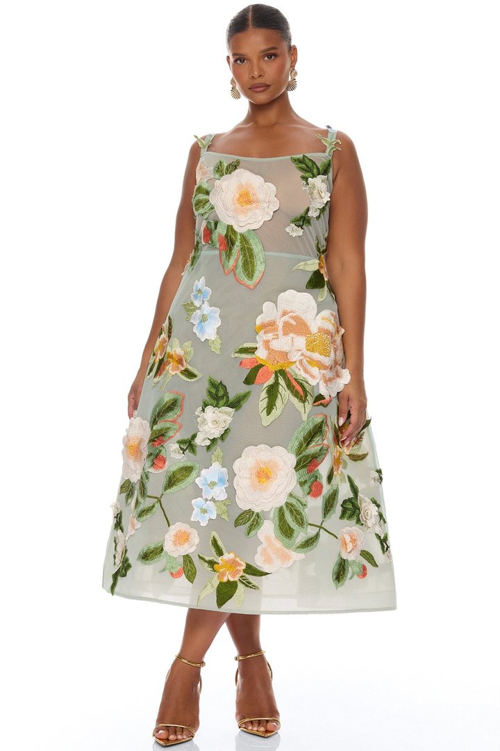 Love Like This Floral Embroidered Midi Dress - Sage/combo