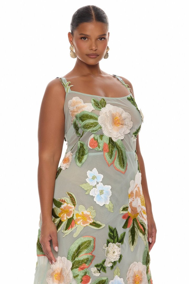 Love Like This Floral Embroidered Midi Dress - Sage/combo
