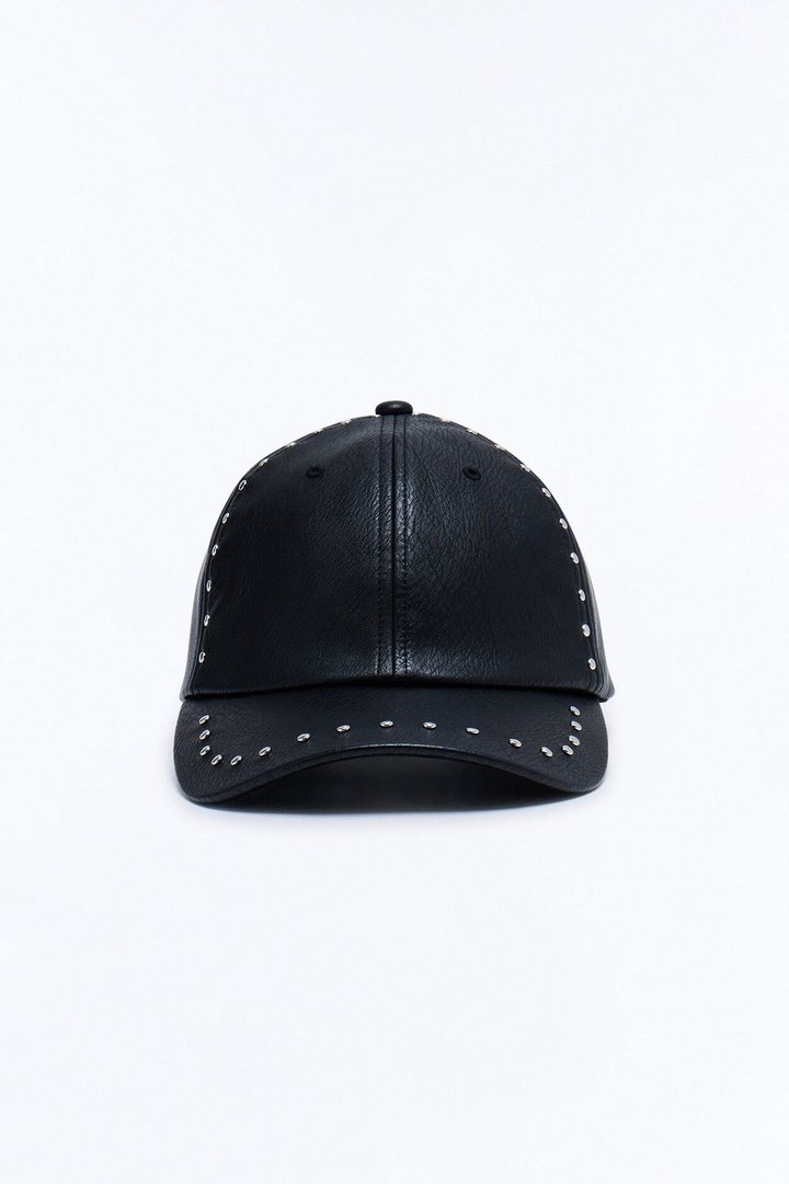 Faux Leather Studded Snapback Hat - Black