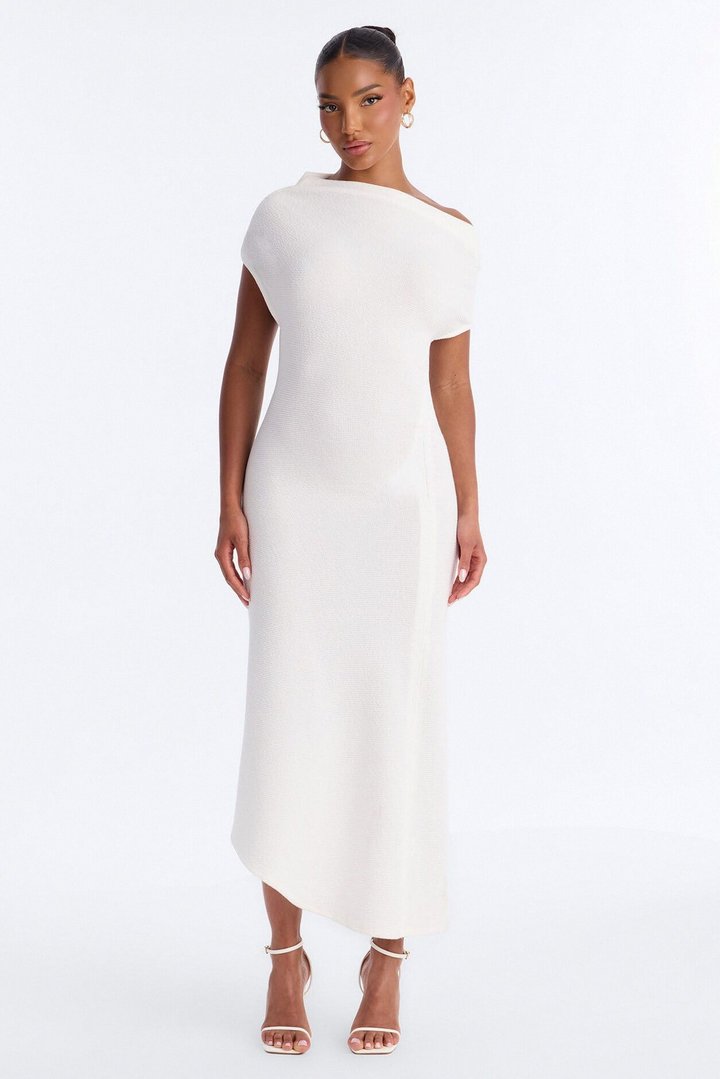 Milena Asymmetrical Textured Midi Dress - White