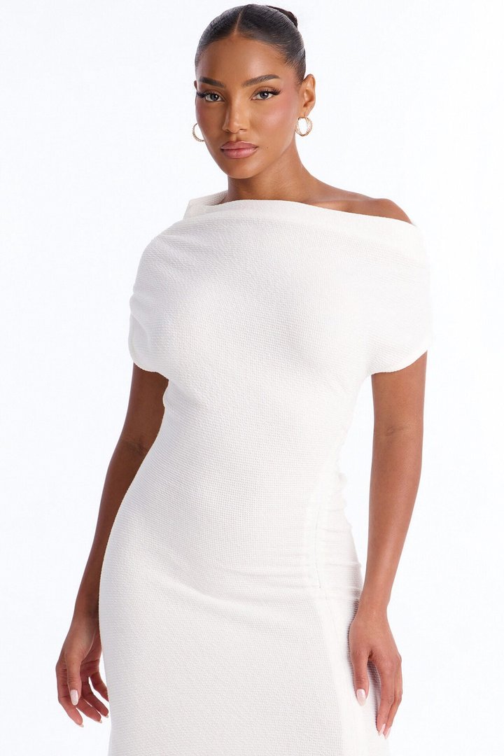 Milena Asymmetrical Textured Midi Dress - White