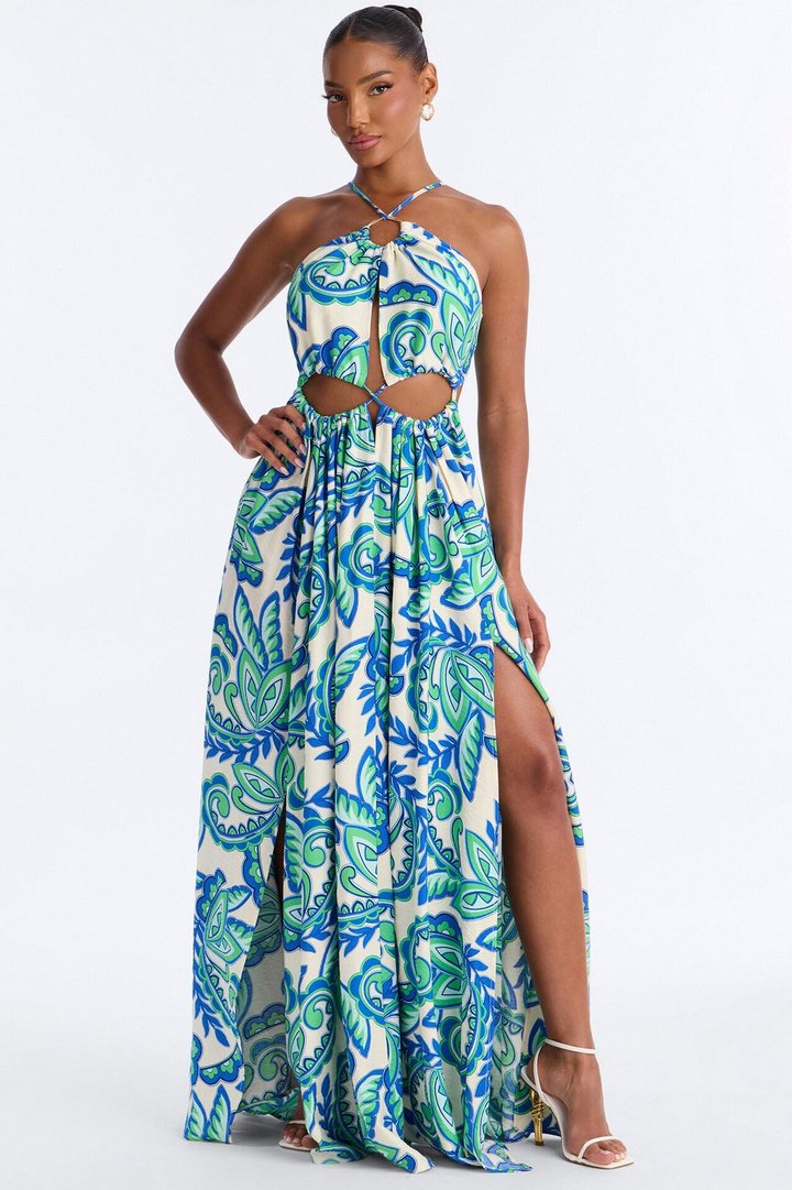 Call On Me Linen Maxi Dress - Blue/combo