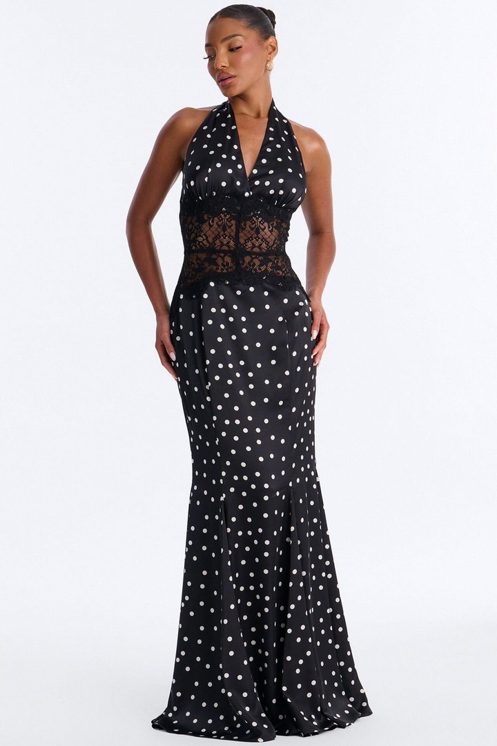 Mila Polka Dot Satin Maxi Dress - Black/White