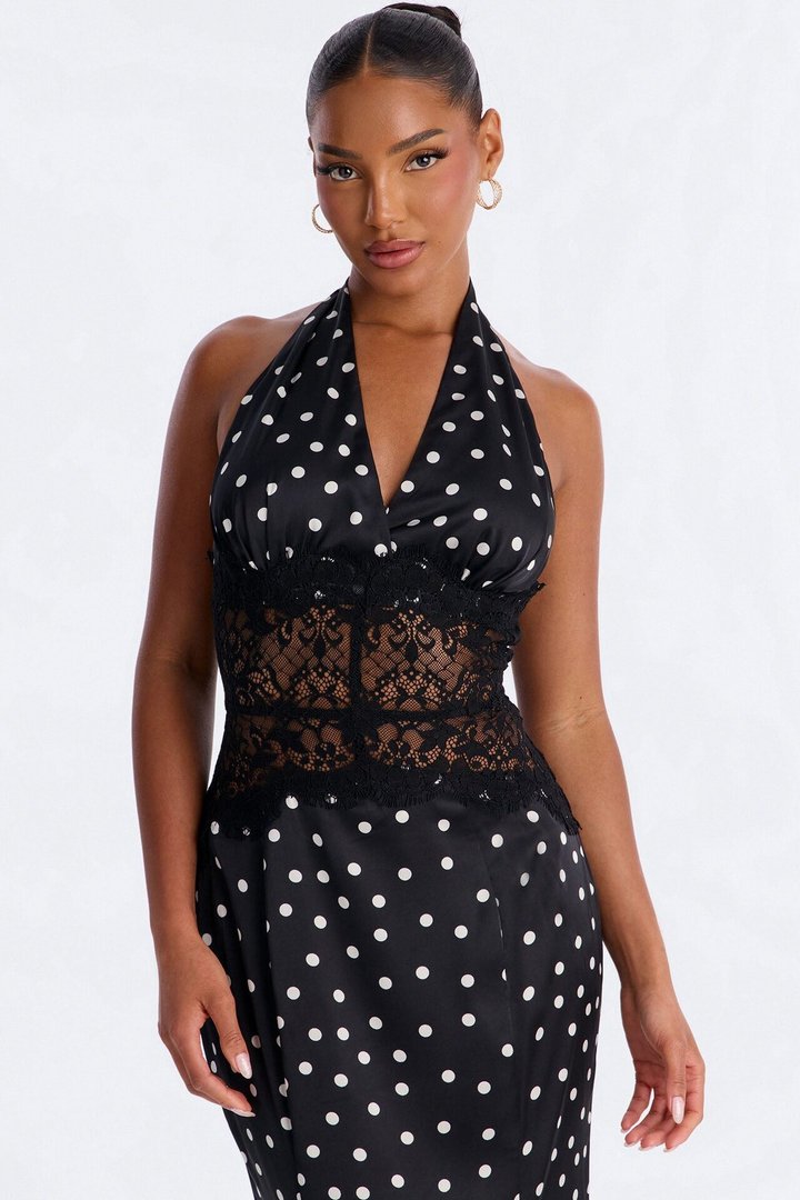 Mila Polka Dot Satin Maxi Dress - Black/White