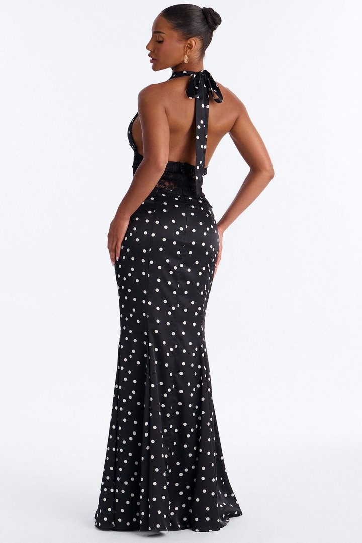 Mila Polka Dot Satin Maxi Dress - Black/White