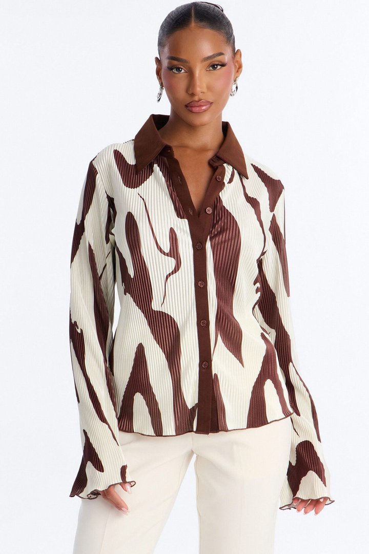 Zahara Button Up Top - Brown/combo