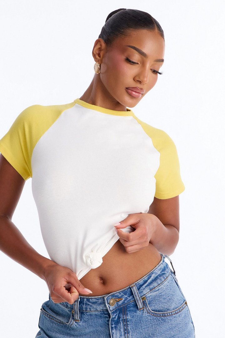 Third Base Knot Short Sleeve Top - Yellow/combo