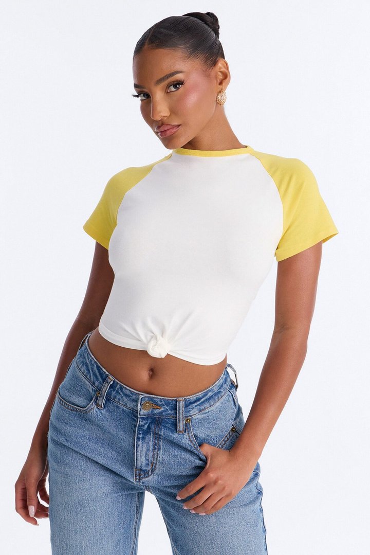 Third Base Knot Short Sleeve Top - Yellow/combo