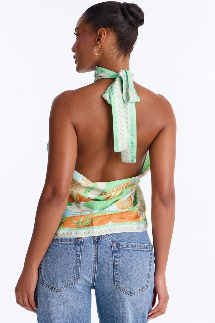 Muse With A View Mock Neck Satin Scarf Top - Multi Color