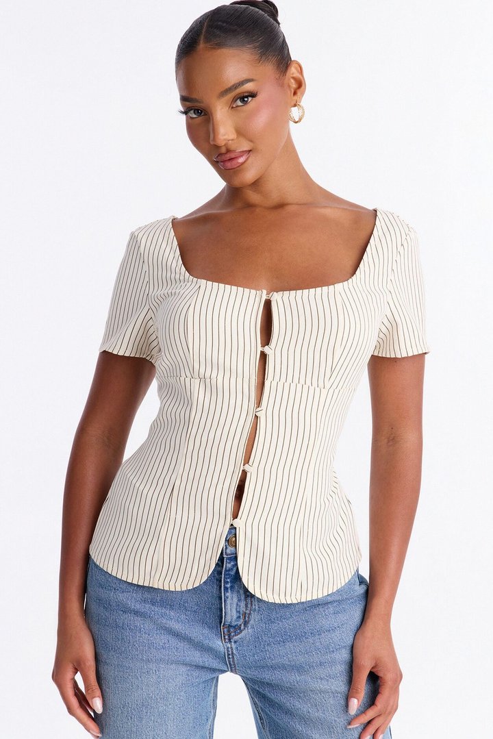 Arlette Poplin Button Up Short Sleeve Top - Cream/combo