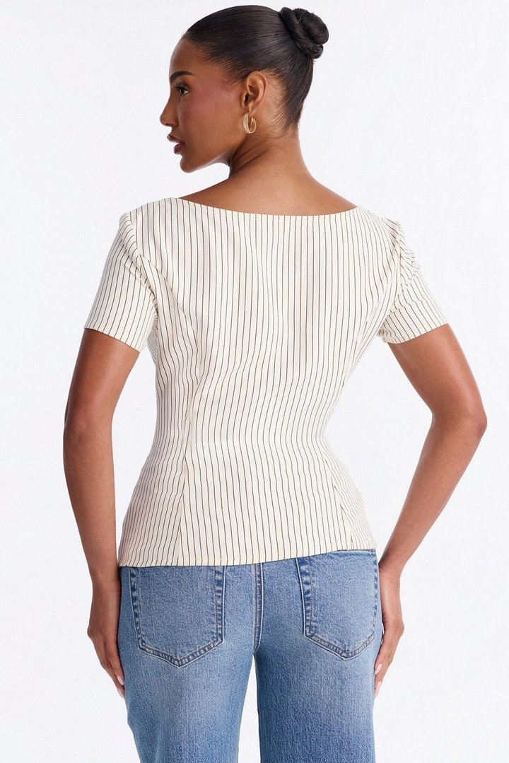 Arlette Poplin Button Up Short Sleeve Top - Cream/combo