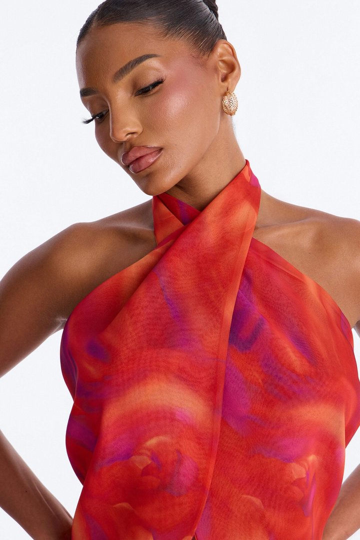 Bali Mornings Chiffon Tie Front Scarf Top - Red/combo