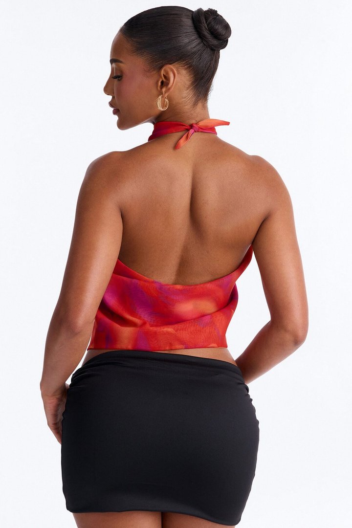 Bali Mornings Chiffon Tie Front Scarf Top - Red/combo