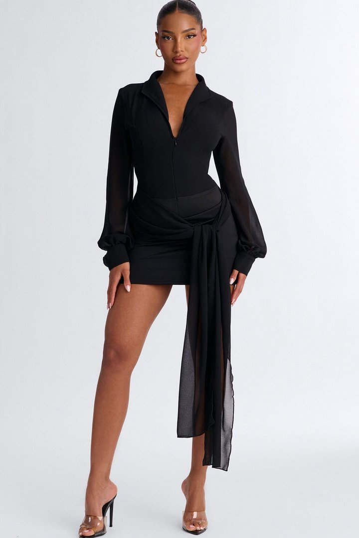 She Defines Chic Lace Up Chiffon Bodysuit - Black