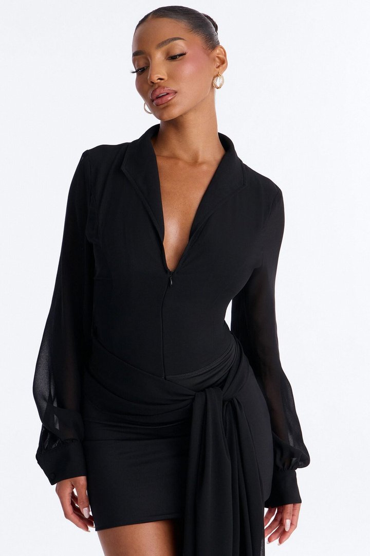 She Defines Chic Lace Up Chiffon Bodysuit - Black