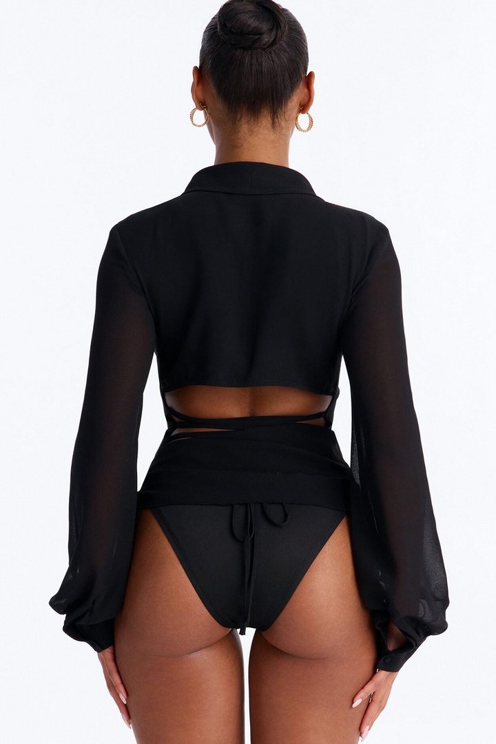 She Defines Chic Lace Up Chiffon Bodysuit - Black