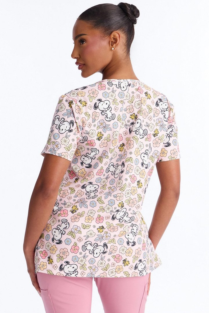 Snoopy & Peanut's Garden Floral V-Neck Scrub Top - Pink/combo