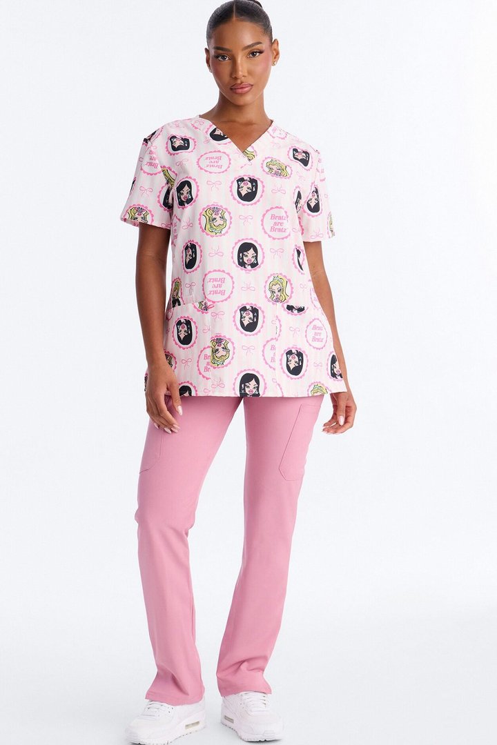 Bratz Are Bratz Striped V-Neck Scrub Top - Pink/combo