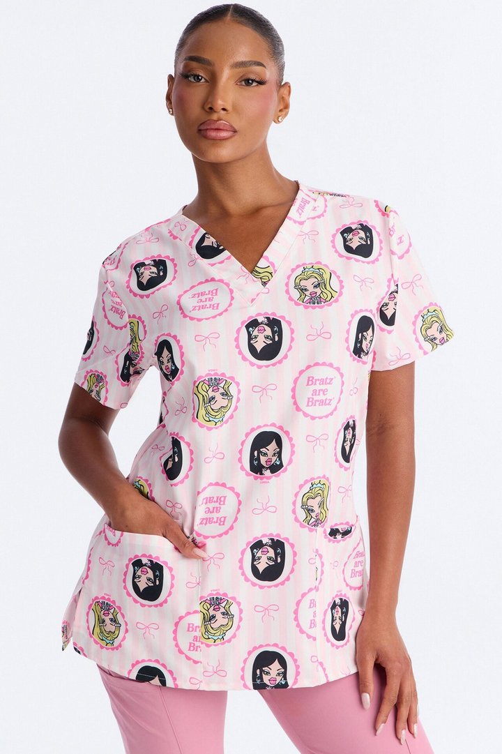 Bratz Are Bratz Striped V-Neck Scrub Top - Pink/combo