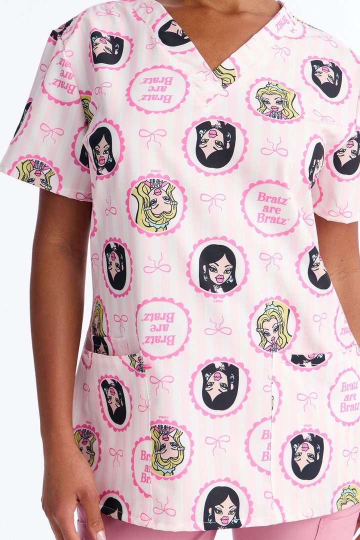 Bratz Are Bratz Striped V-Neck Scrub Top - Pink/combo