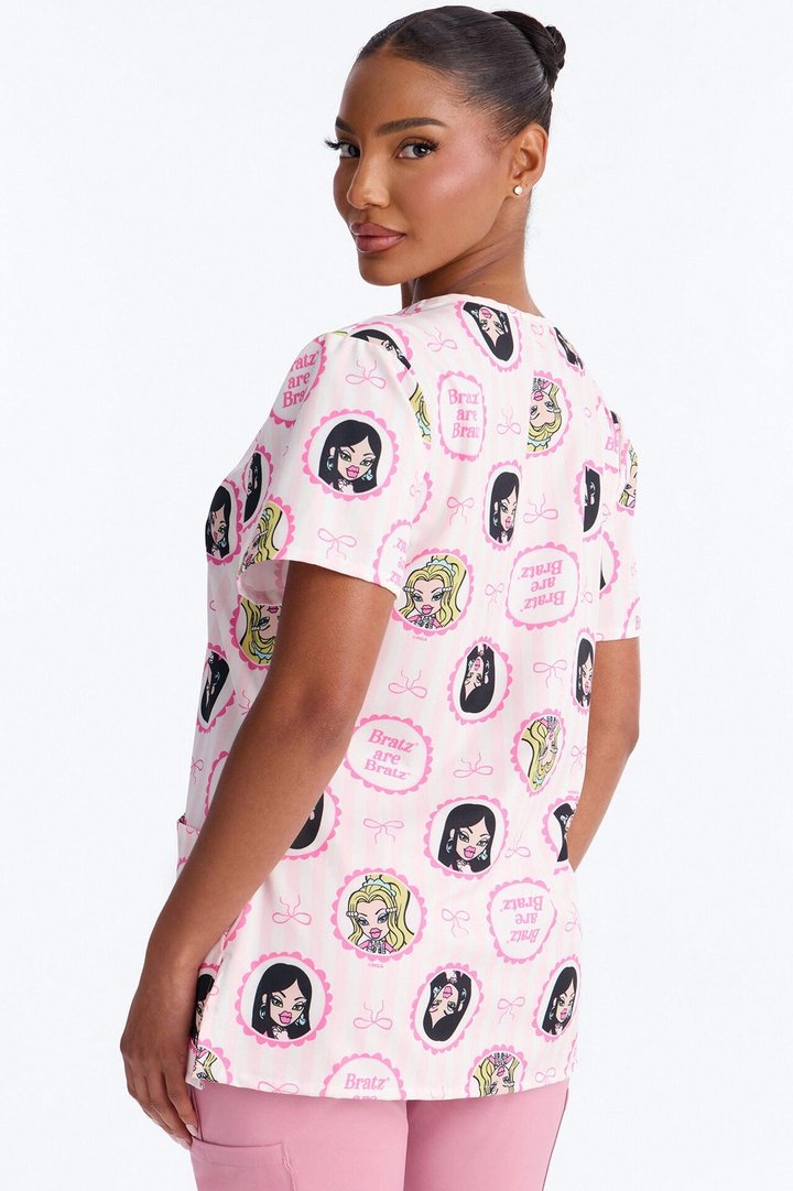 Bratz Are Bratz Striped V-Neck Scrub Top - Pink/combo