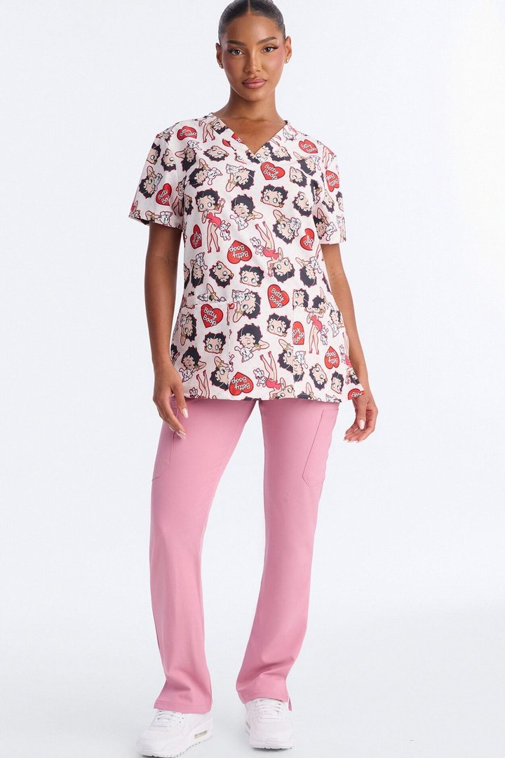 Betty Boop Polka Dot V Neck Scrub Top - Pink/combo