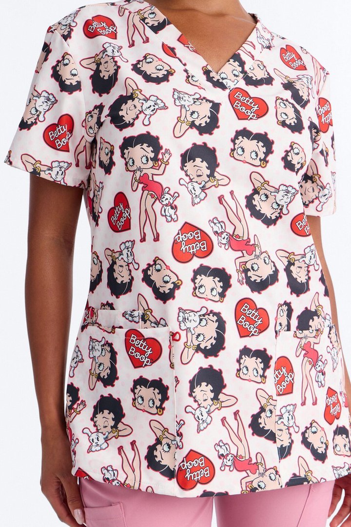 Betty Boop Polka Dot V Neck Scrub Top - Pink/combo