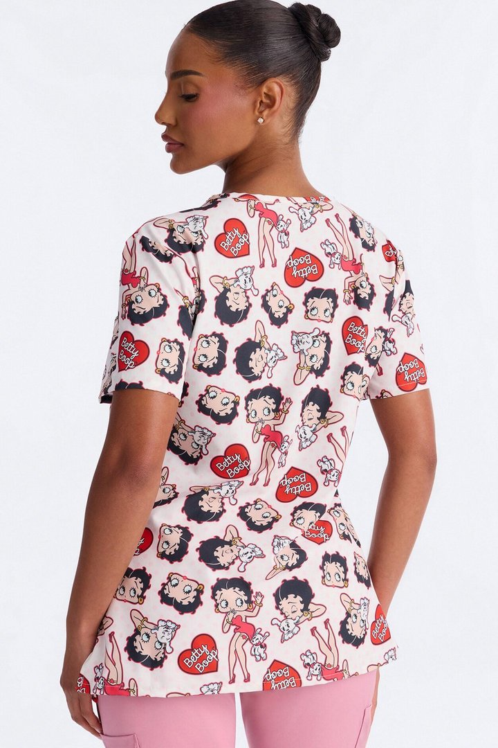 Betty Boop Polka Dot V Neck Scrub Top - Pink/combo