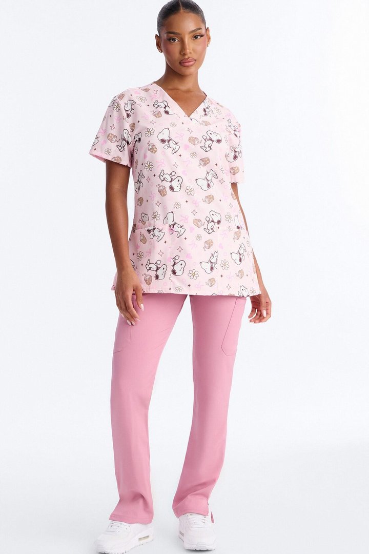 Mornings With Snoopy Floral Bow V-Neck Scrub Top - Pink/combo