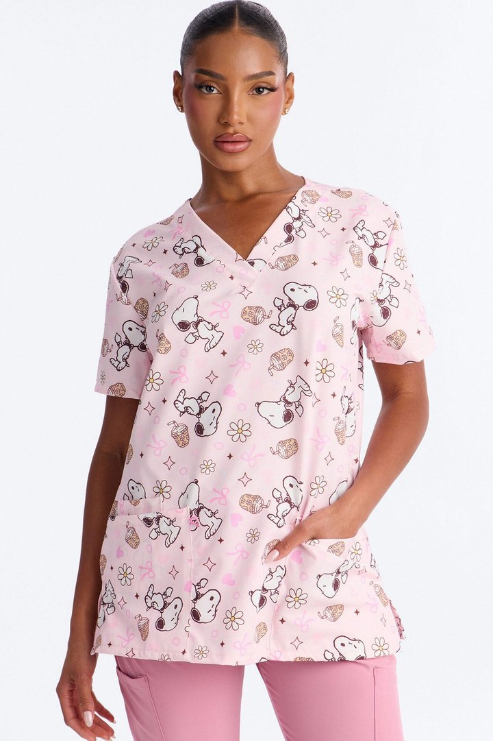 Mornings With Snoopy Floral Bow V-Neck Scrub Top - Pink/combo