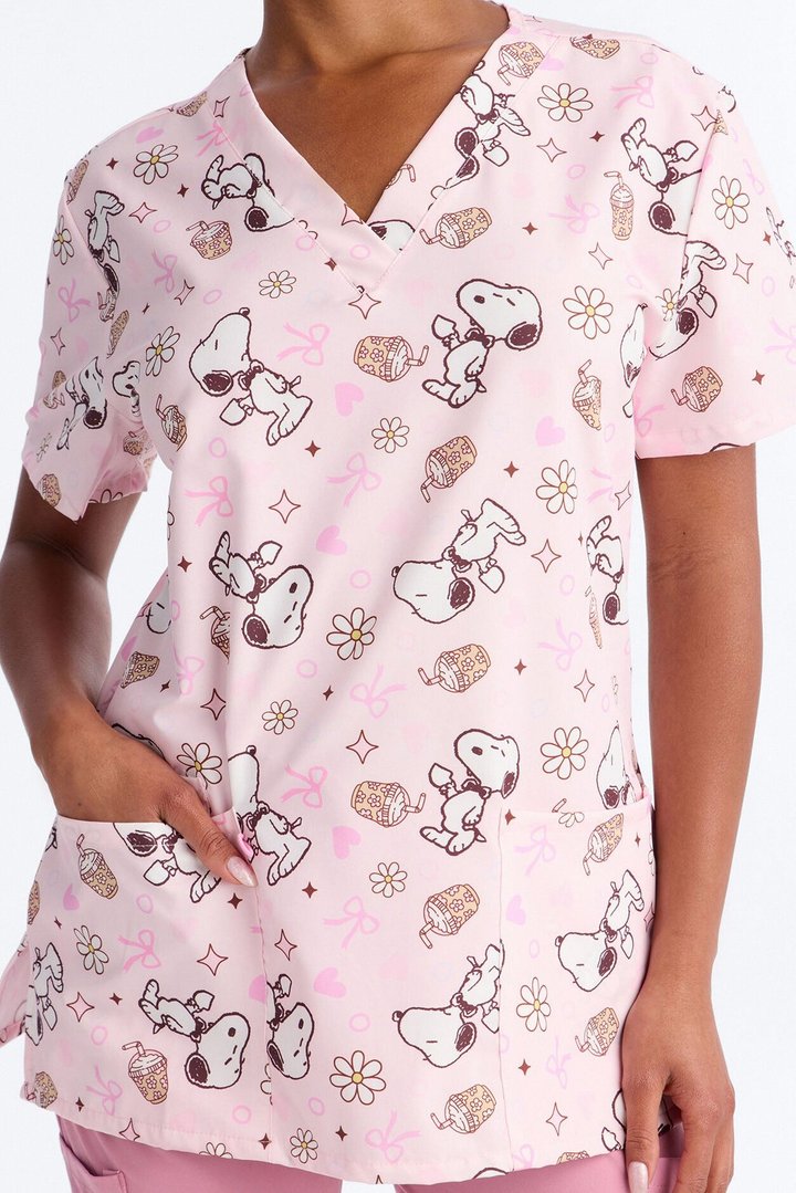Mornings With Snoopy Floral Bow V-Neck Scrub Top - Pink/combo