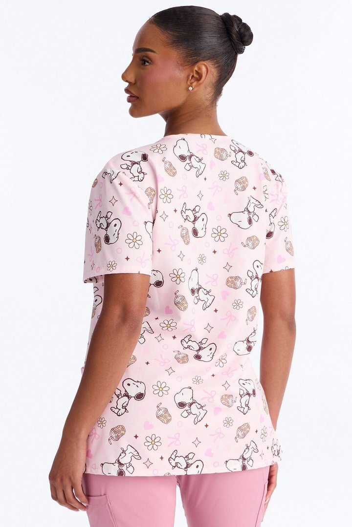 Mornings With Snoopy Floral Bow V-Neck Scrub Top - Pink/combo