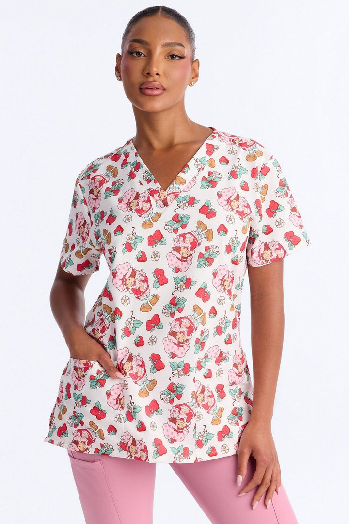 Be My Shortcake Floral V-Neck Scrub Top - White/combo
